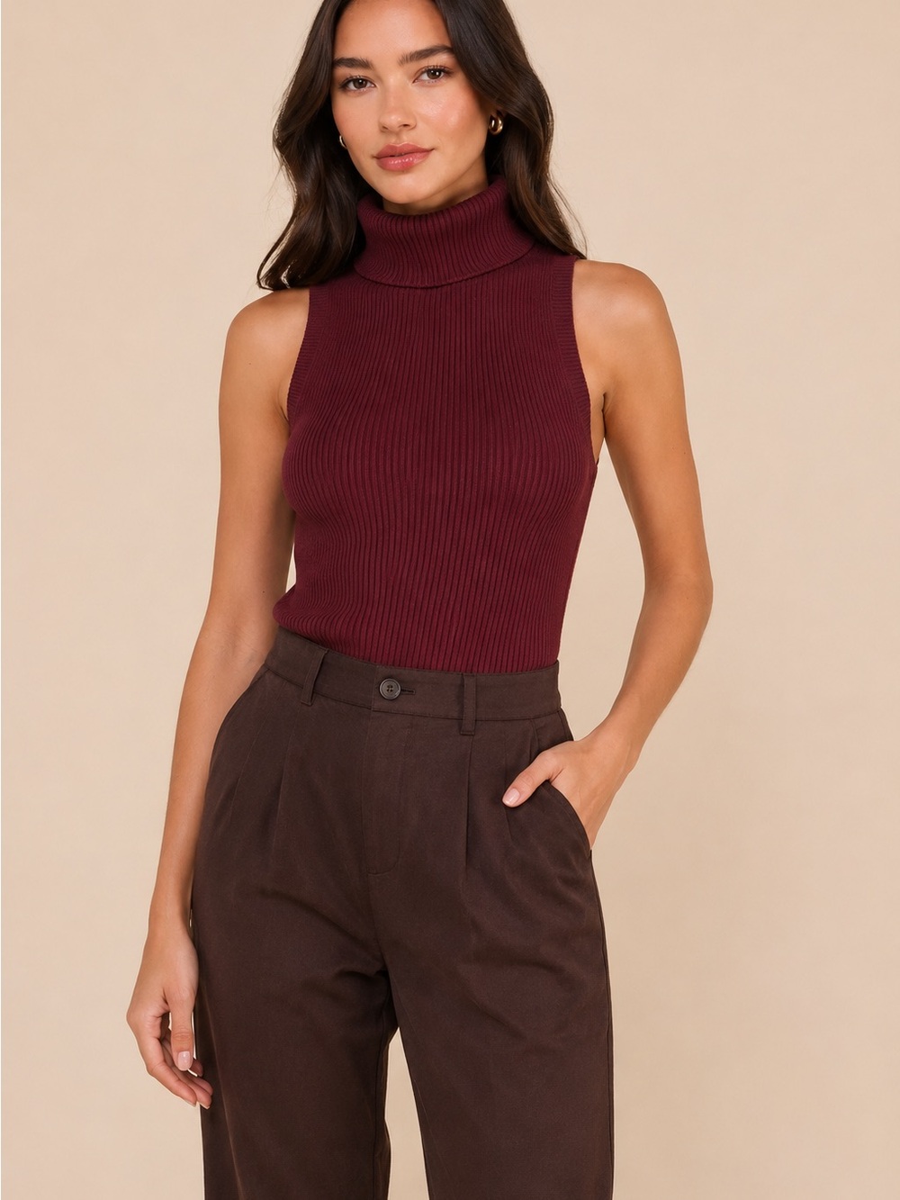 Kendall & Kylie Burgundy Sleeveless Ribbed Turtleneck Sweater XS Rayon Blend